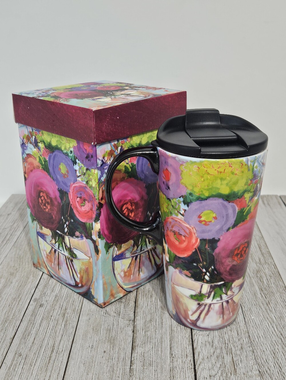 The Perfect Cup 17 oz. Ceramic Floral Cup Travel Mug by Cypress Home with Decora